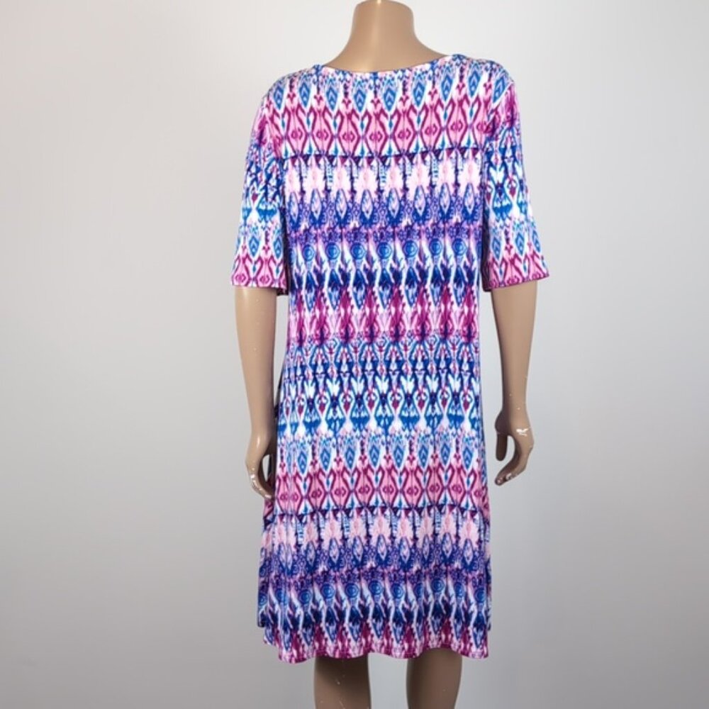Chicos Ikat Print Dress Short Sleeve Keyhole Neck Casual Summer Jersey Stretch - Picture 6 of 13